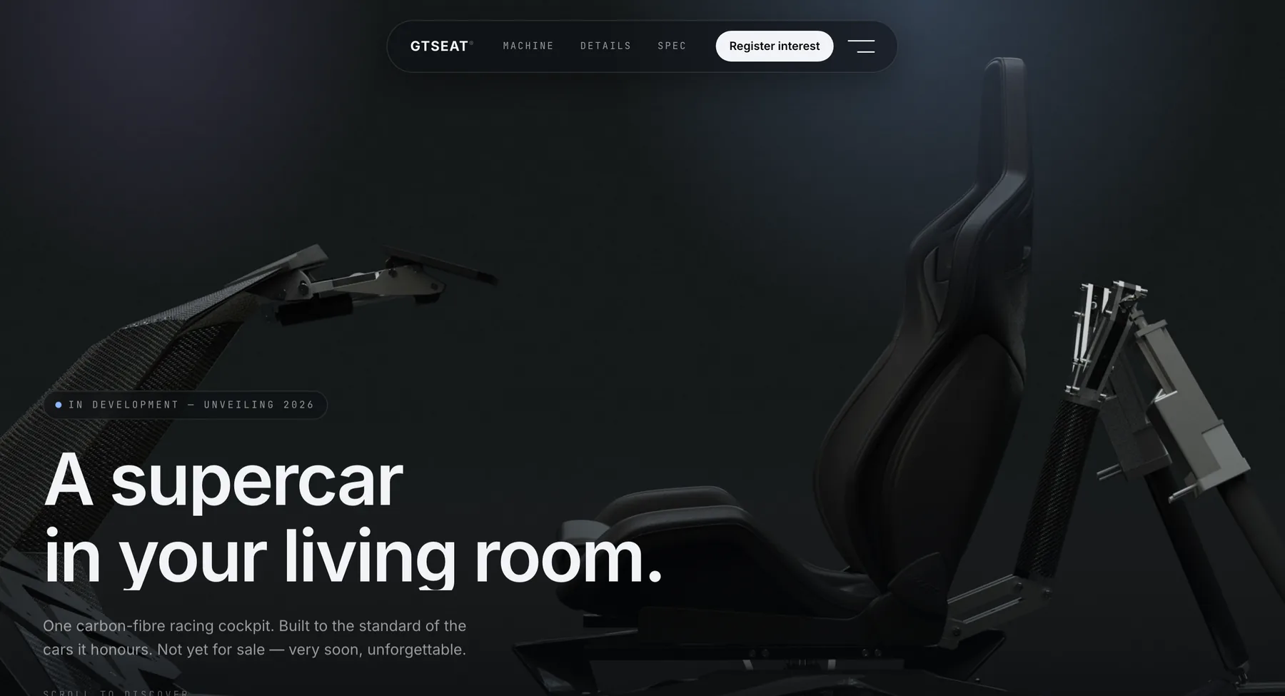 The GTSEAT site: the P47 carbon-fibre racing cockpit photographed against a dark studio background.