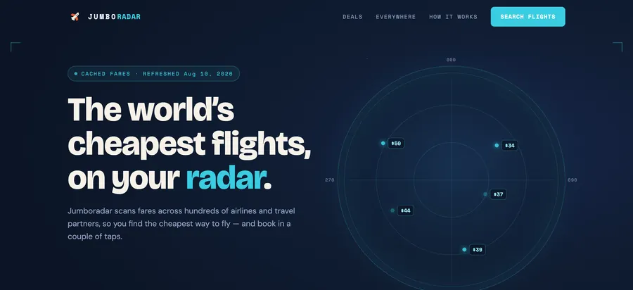 The Jumboradar site: a radar plot of live flight fares above a flight search form.
