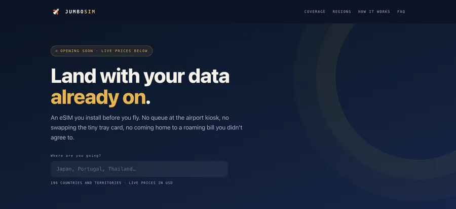 The JumboSIM site: travel data on an eSIM, with a country search field.