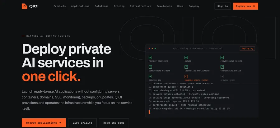 The QIOI site: a managed AI infrastructure product with a live deployment console.